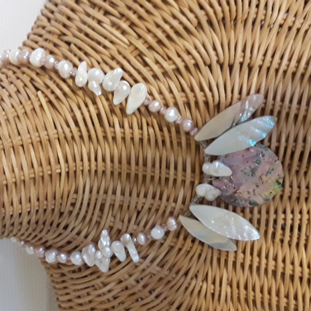 Handmade Sea Goddess statement necklace freshwater pearls, Abalone shell Artisan